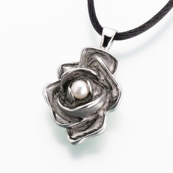 Antique Pewter Rose with Pearl Keepsake Pendant